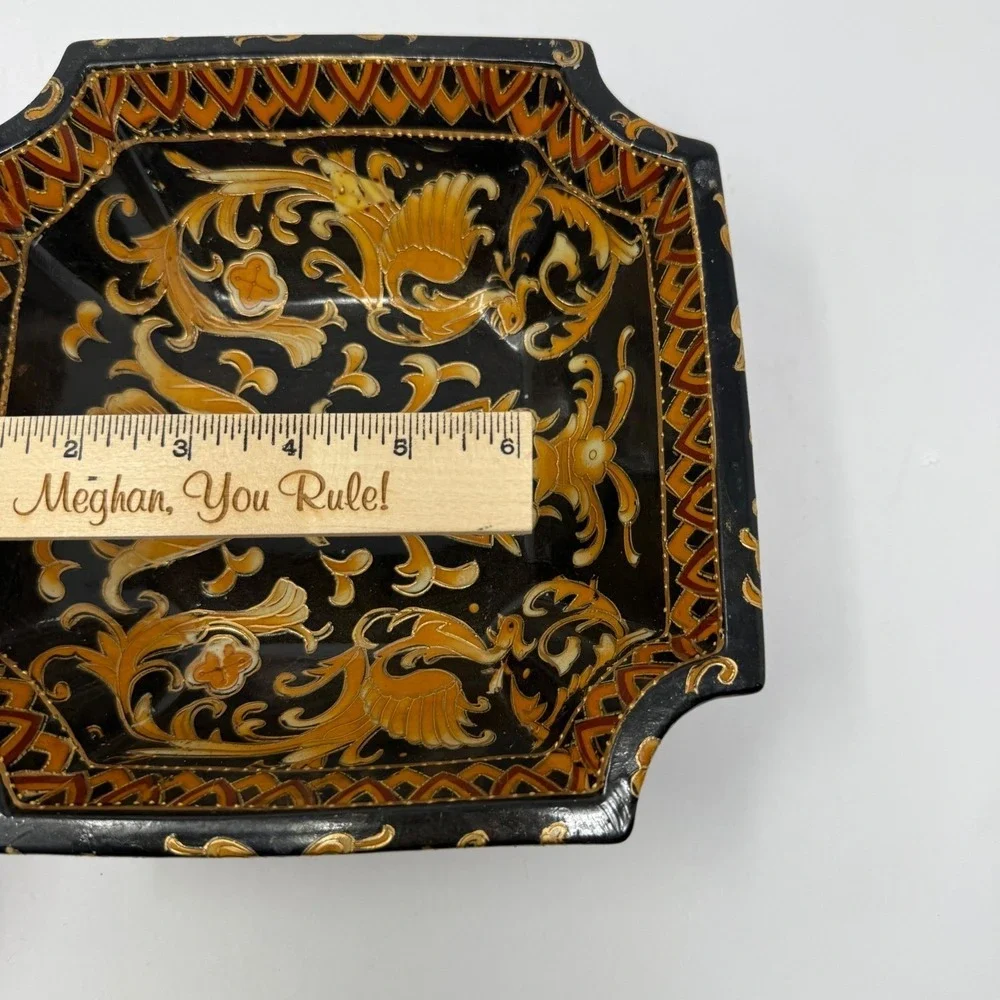 Vintage Bowl Black Gold Heraldic French Phoenix Crest‎ Square Chinoiserie 8
